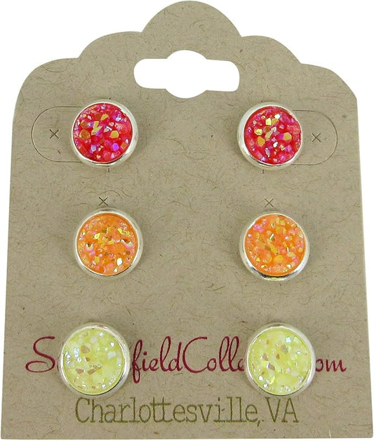 Summerfield Collection Trio Silver-tone Stud Earrings 8mm Faux Druzy Stone Set (Sunset Red/Orange/Yellow)