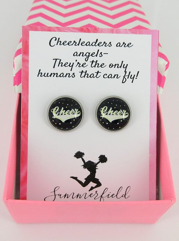 Summerfield Collection Stainless Steel Cheer Printed Glass Stud Earrings 12mm (Cheer)