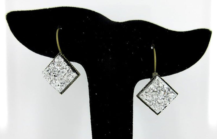 Summerfield Collection Antiqued Gold-tone Geometric Square Faux Druzy Stone Lever-back Drop Earrings (Silver Metallic)