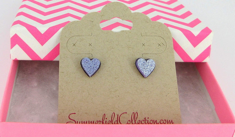 Stainless Steel Lilac Purple Glitter Acrylic Heart Stud Earrings 8mm