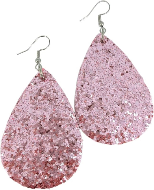 Summerfield Collection Silver-tone Glitter Faux Leather Large Teardrop Dangle Earrings (Light Pink)