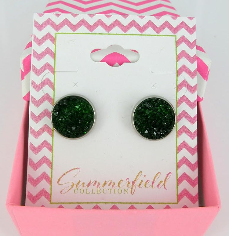 Summerfield Collection Stainless Steel Faux Druzy Stone Stud Earrings 12mm (Dark Green)