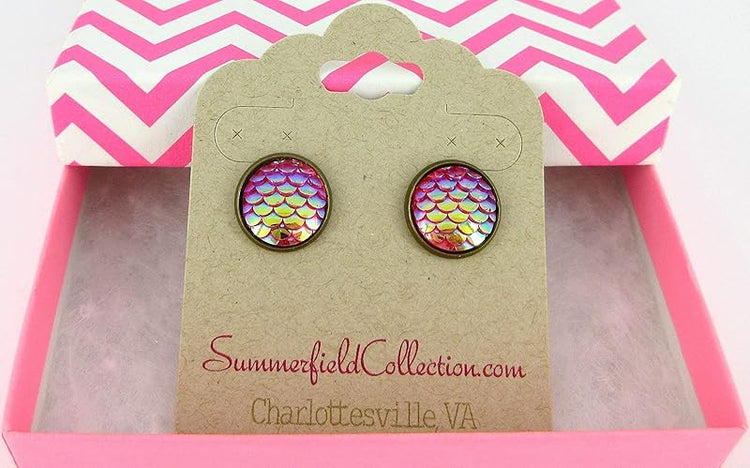 Summerfield Collection Antiqued Gold-tone Metallic Mermaid Scale Stud Earrings 12mm (Hot Pink AB)
