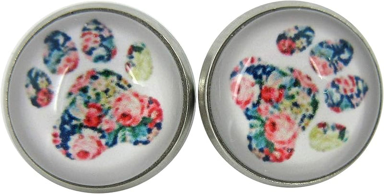 Summerfield Collection Stainless Steel White and Flower Paw Print Glass Stud Earrings 12mm