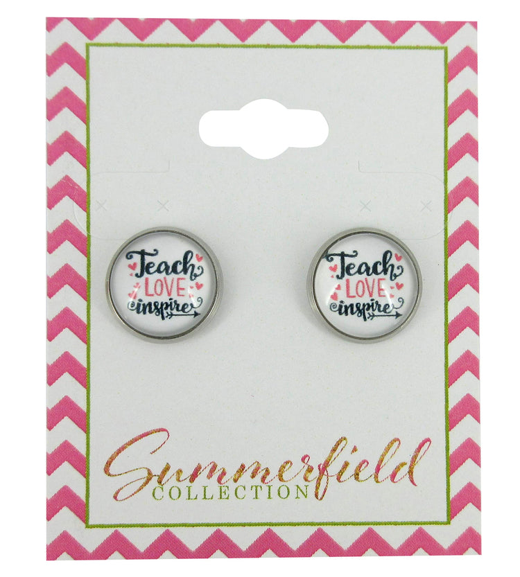 Stainless Steel Teacher Print Glass Stud Earrings 12mm (Teach Love Inspire)