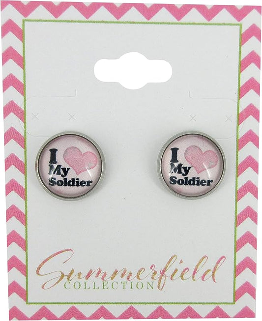 Summerfield Collection Stainless Steel I Love My Soldier Print Glass Stud Earrings 12mm Pink Black