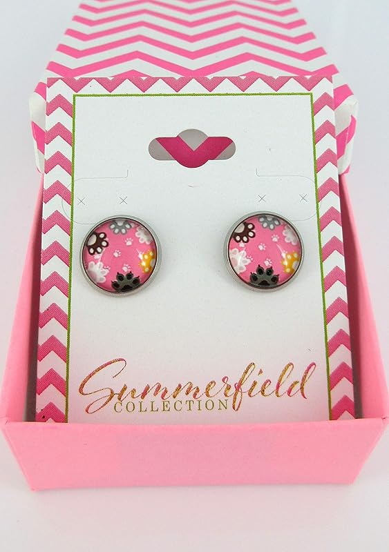 Summerfield Collection Stainless Steel Cat Paw Print Glass Stud Earrings 12mm (Pink)