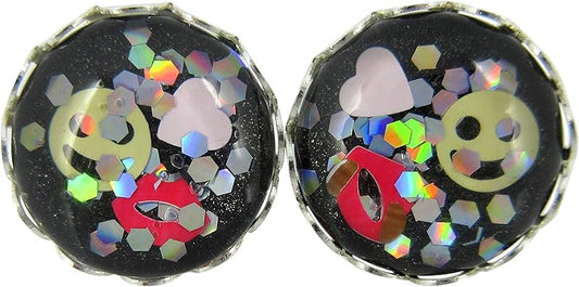 Summerfield Collection Silver-tone Emoji Glitter Glass Stud Earrings Black Pink Red Yellow Hand-painted