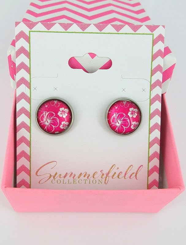 Summerfield Collection Stainless Steel Hibiscus Flower Print Glass Stud Earrings 12mm Hawaiian (Hot Pink)