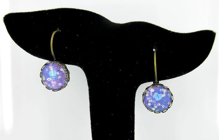 Summerfield Collection Antiqued Gold-tone Blue Purple Heart Bar Glitter Glass Drop Earrings Hand-painted