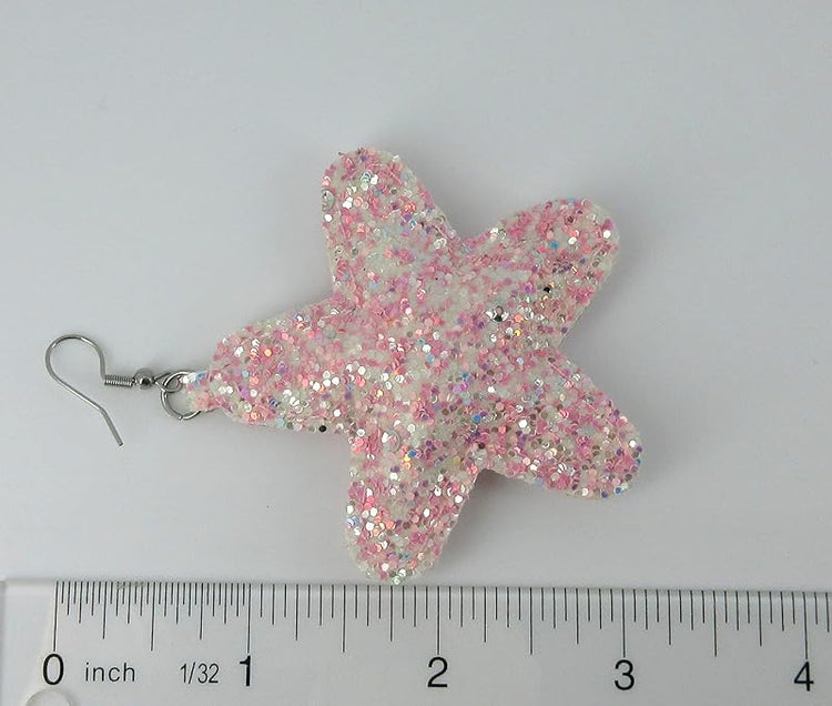 Summerfield Collection Stainless Steel Pastel Glitter Faux Leather Large Puffy Star Dangle Earrings (Medium Pink)