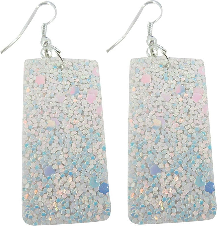 Summerfield Collection Silver-tone Glitter Faux Leather Large Rectangle Dangle Earrings (White)
