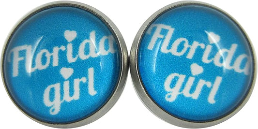Summerfield Collection Stainless Steel Florida Girl Print Glass Stud Earrings 12mm (Florida Girl)