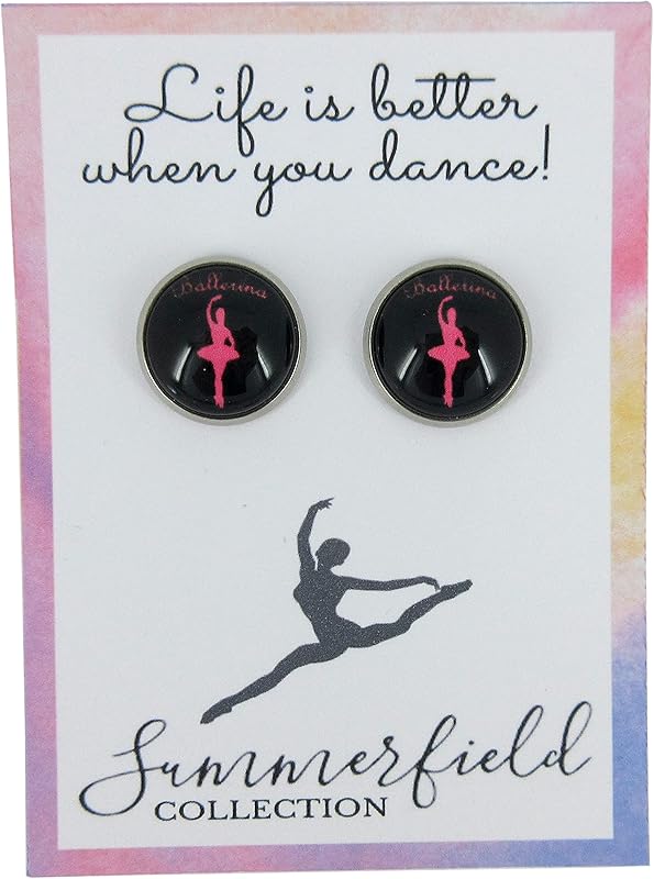 Summerfield Collection Stainless Steel I Heart Dance Print Glass Stud Earrings 12mm (Ballerina)
