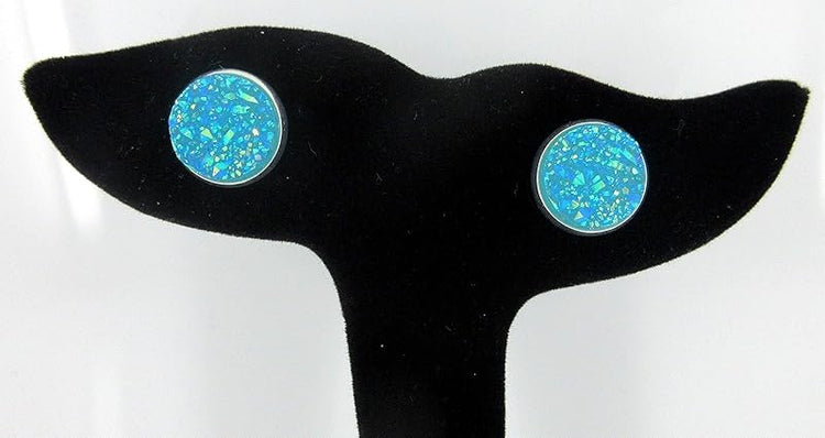 Summerfield Collection Trio Silver-tone Stud Earrings Green AB Blue Faux Druzy Stone Mermaid Scale Set 12mm