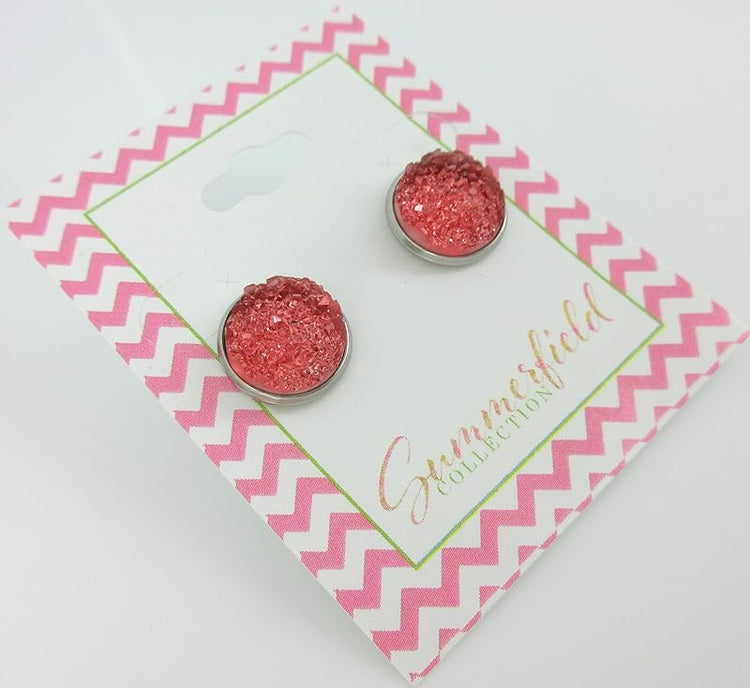 Summerfield Collection Stainless Steel Faux Druzy Stone Stud Earrings 12mm (Flamingo Pink)