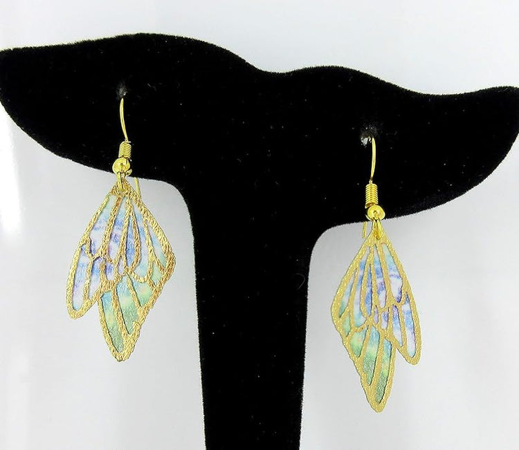 Summerfield Collection Gold Tone Butterfly Wing Fabric Dangle Earrings (Purple and Green Double Wing)