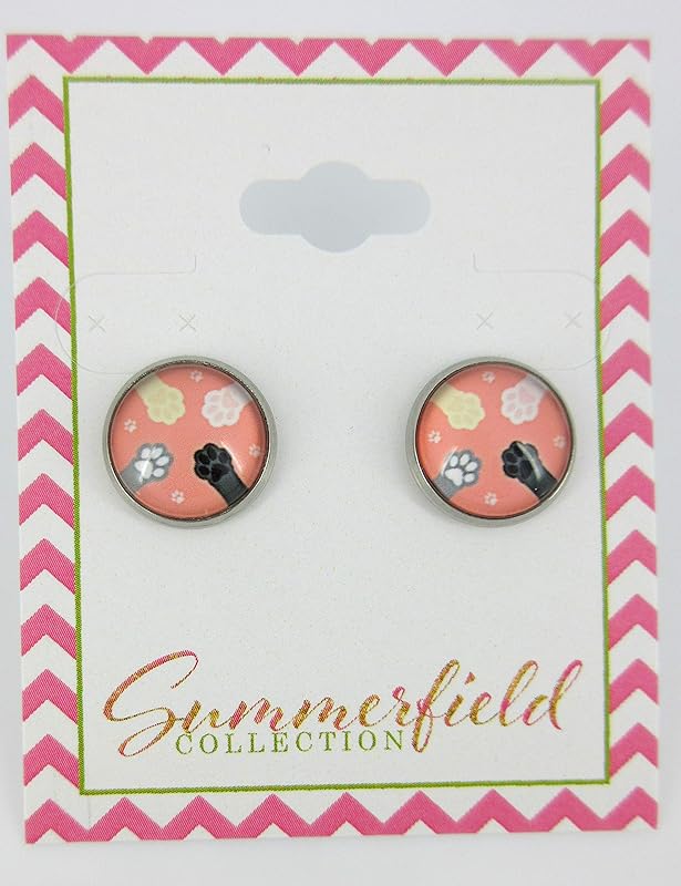 Summerfield Collection Stainless Steel Cat Paw Print Glass Stud Earrings 12mm (Peach)