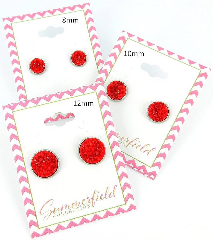 Summerfield Collection Stainless Steel Matte Faux Druzy Stone Stud Earrings 8mm (Classic Red)