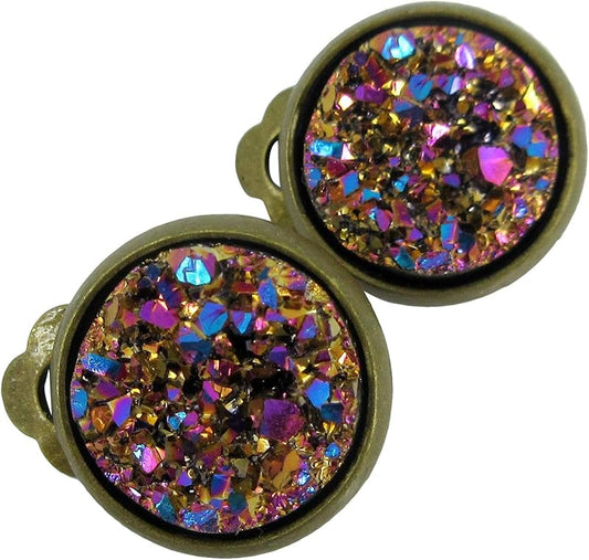 Summerfield Collection CLIP-ON Antiqued Gold-tone Faux Druzy Stone Stud Earrings 12mm (Gold/Pink/Teal Metallic)