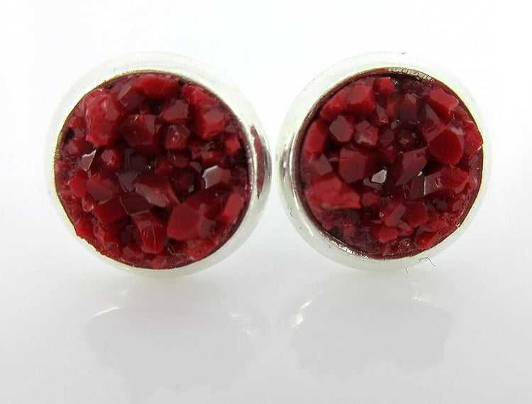 Summerfield Collection Trio Silver-tone Stud Earrings 8mm Faux Druzy Stone Set (Red/White AB/Green)