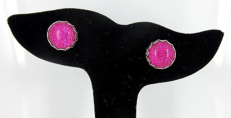 Summerfield Collection Trio Silver-tone Stud Earrings Pink Faux Druzy Stone AB Mermaid Scale Glitter Resin Set 12mm