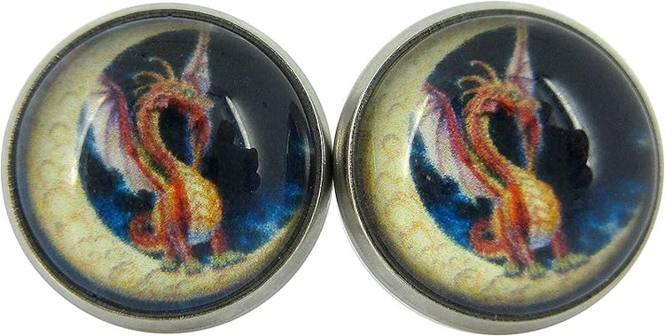 Summerfield Collection Stainless Steel Orange Dragon on Moon Print Glass Stud Earrings 12mm