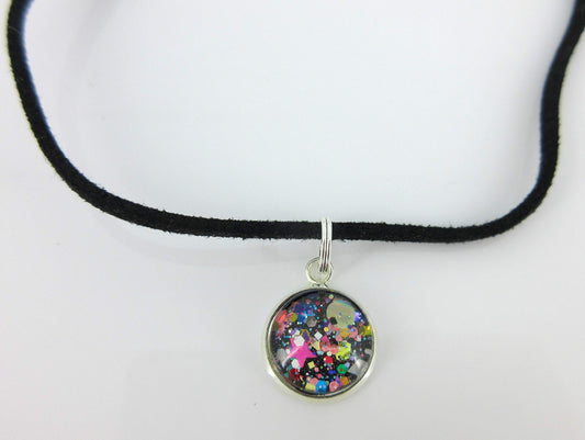 Silver-tone Glitter Glass Pendant Choker Necklace Faux Black Suede Cord