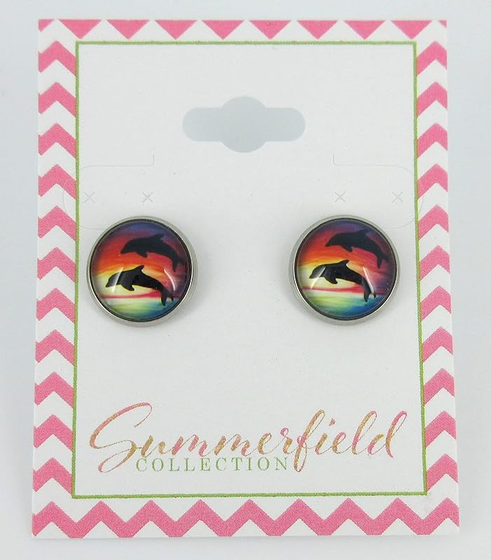Summerfield Collection Stainless Steel Tropical Sunset Ocean Dolphin Print Glass Stud Earrings 12mm Beach