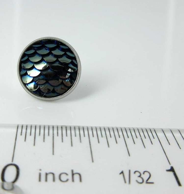 Summerfield Collection Stainless Steel Metallic Dragon Mermaid Scale Stud Earrings 12mm (Dark Gray Blue)