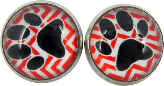 Summerfield Collection Stainless Steel Chevron and Black Paw Print Glass Stud Earrings 12mm (Red)