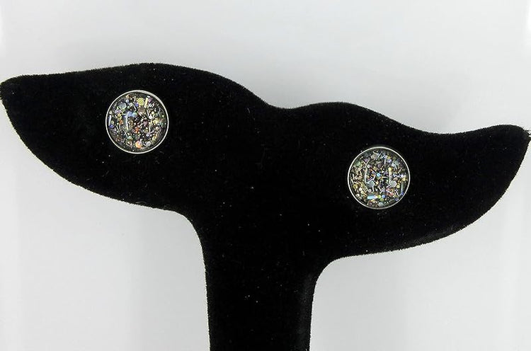 Summerfield Collection Stainless Steel Metallic Black with Silver and Gold Glitter Glass Stud Earrings Hand-painted 10mm