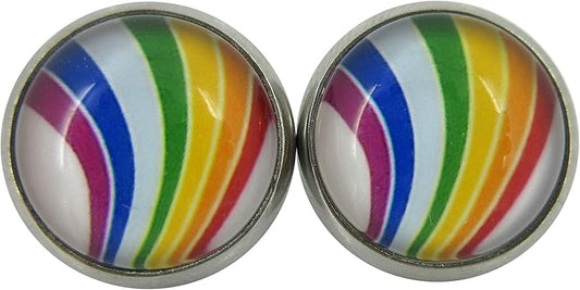 Summerfield Collection Stainless Steel Vintage Rainbow Stripe Print Glass Stud Earrings 12mm