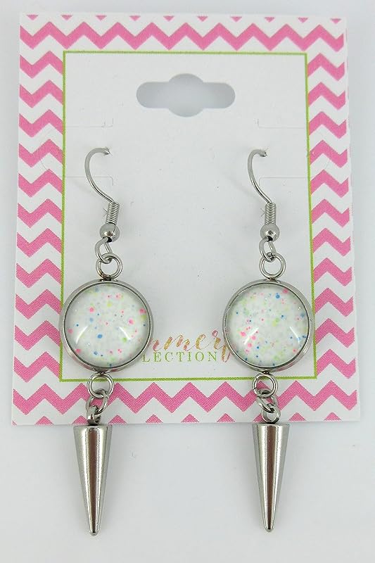 Summerfield Collection Stainless Steel White and Neon Confetti Glitter Glass Charm Dangle Earrings Handpainted Glow in the Dark