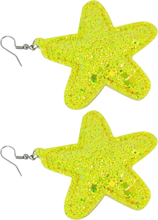 Summerfield Collection Stainless Steel Pastel Glitter Faux Leather Large Puffy Star Dangle Earrings (Bold Yellow)