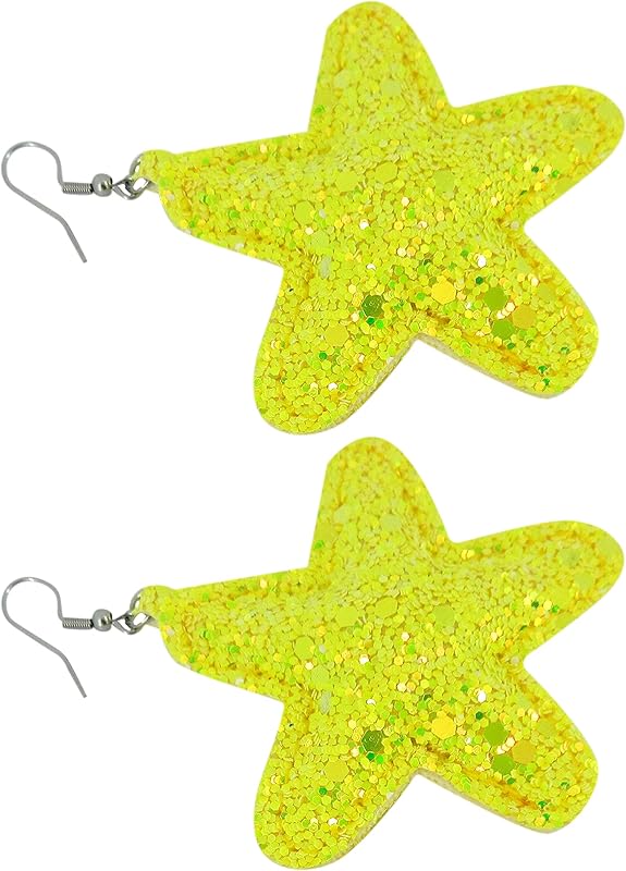 Summerfield Collection Stainless Steel Pastel Glitter Faux Leather Large Puffy Star Dangle Earrings (Bold Yellow)