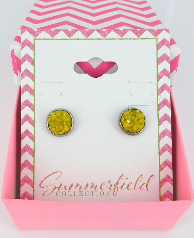 Summerfield Collection Stainless Steel Matte Faux Druzy Stone Stud Earrings 8mm (Mustard Yellow)