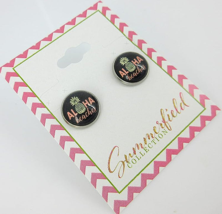 Summerfield Collection Stainless Steel Aloha Beaches Pineapple Print Glass Stud Earrings 12mm