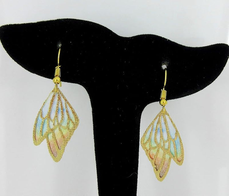 Summerfield Collection Gold Tone Butterfly Wing Fabric Dangle Earrings (Rainbow Double Wing)