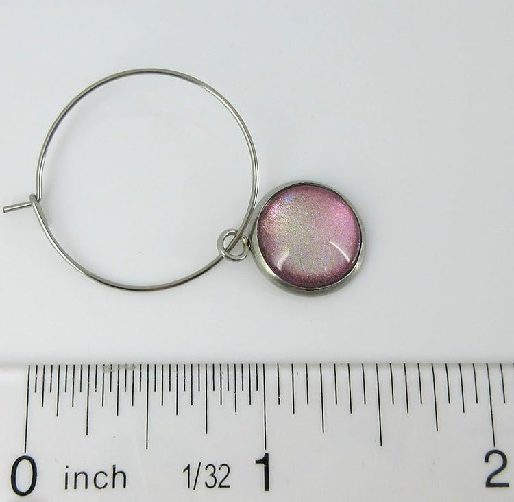 Summerfield Collection Stainless Steel Pink Opalescent Glass Charm Hoop Earrings Hand-painted 1"