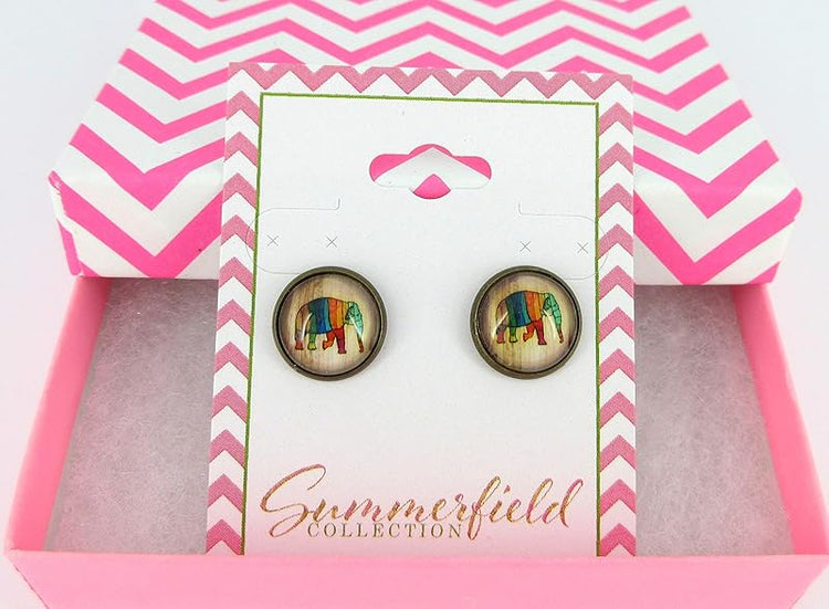 Summerfield Collection Antiqued Gold-tone Rainbow Elephant Print Glass Stud Earrings 12mm