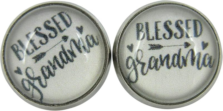 Summerfield Collection Stainless Steel Blessed Grandma Print Glass Stud Earrings 12mm