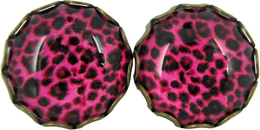 Summerfield Collection Antiqued Gold-tone Animal Print Glass Stud Earrings 12mm (Hot Pink)
