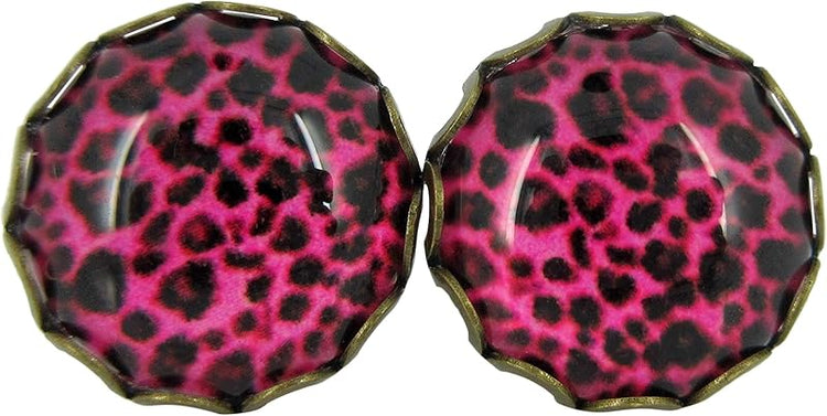 Summerfield Collection Antiqued Gold-tone Animal Print Glass Stud Earrings 12mm (Hot Pink)