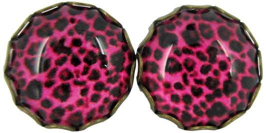 Antiqued Gold-tone Animal Print Glass Stud Earrings 12mm (Hot Pink)