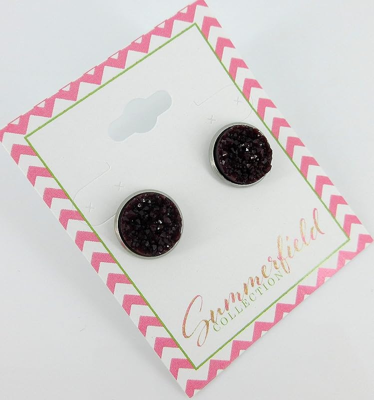 Summerfield Collection Stainless Steel Matte Faux Druzy Stone Stud Earrings 12mm (Black Cherry)