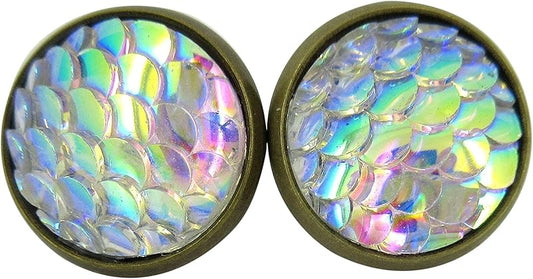 Summerfield Collection Antiqued Gold-tone Metallic Mermaid Scale Stud Earrings 12mm (Clear AB)