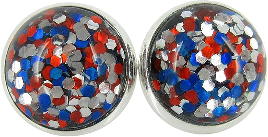 Silver-tone Patriotic Glitter Resin Stud Earrings Red Blue USA