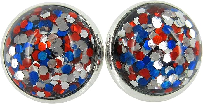 Silver-tone Patriotic Glitter Resin Stud Earrings Red Blue USA