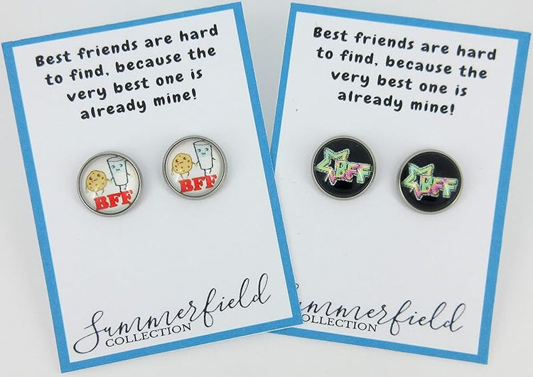 Summerfield Collection Stainless Steel Best Friends Print Glass Stud Earrings 12mm (Neon Star)